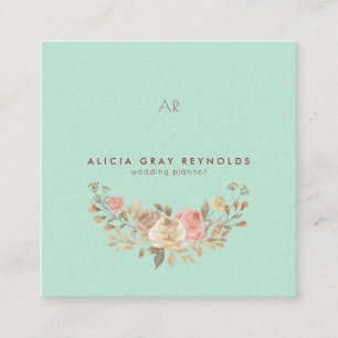 Mint Monogram Watercolor Floral Wedding Planner Square Business Card