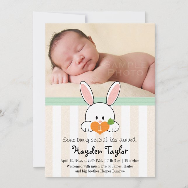 MINT MONOGRAMMED BUNNY BIRTH ANNOUNCEMENT (Front)