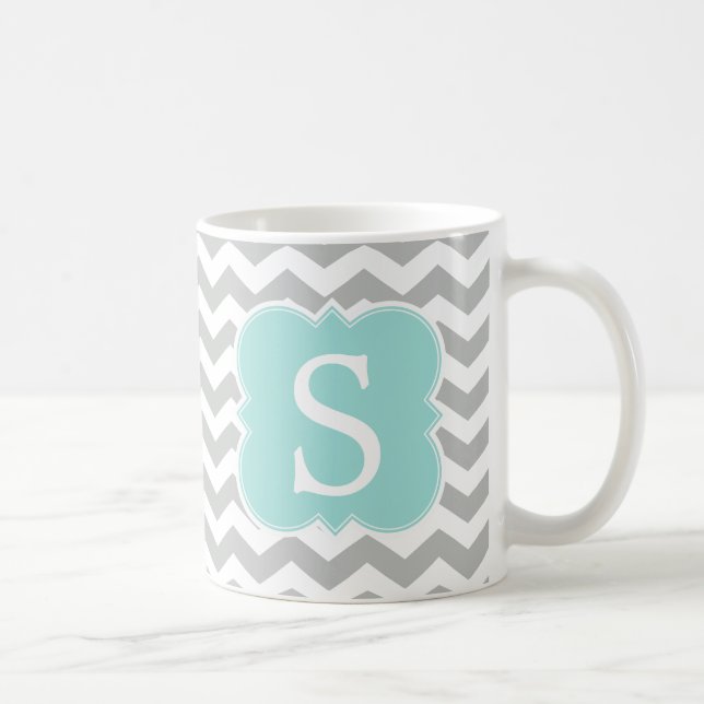 Mint Monogrammed Grey Chevron Stripes Coffee Mug (Right)