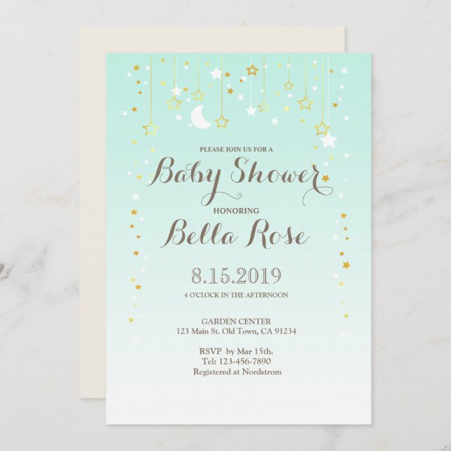 Mint Moon Star Gender Neutral Baby Shower Invite (Front/Back)