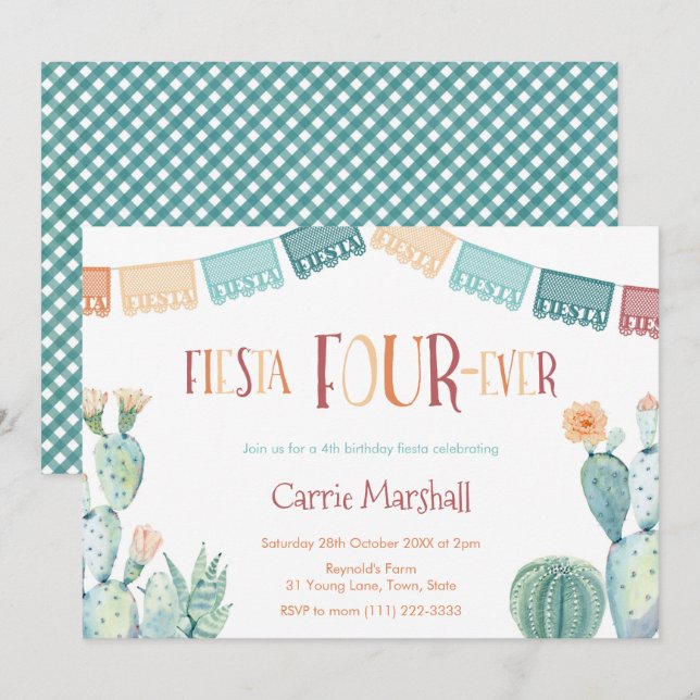 Mint Mustard Fiesta Four-ever 4th Birthday Party Invitation (Front/Back)