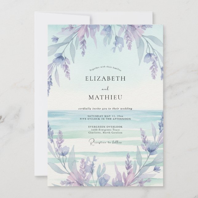 Mint Muted Lilac Wisteria Wedding Invitation (Front)