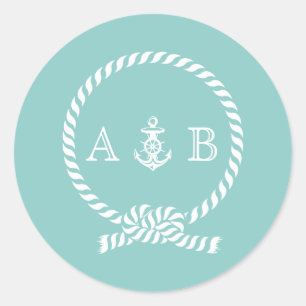 Mint Nautical Rope and Anchor Monogram Classic Round Sticker