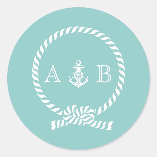 Mint Nautical Rope and Anchor Monogram Classic Round Sticker (Front)