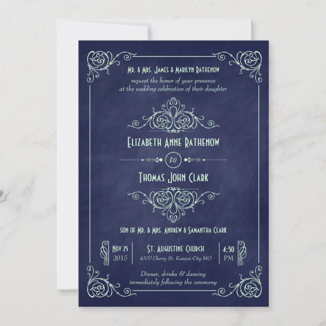 Mint & Navy Blue Chalkboard Art Deco Invitation (Front)