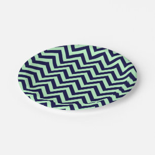 Mint, Navy Blue Large Chevron ZigZag Pattern Paper Plate
