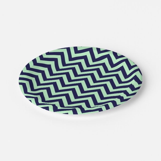 Mint, Navy Blue Large Chevron ZigZag Pattern Paper Plate (Angled)