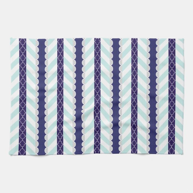 Mint, Navy Blue, White Geometric Striped Pattern Tea Towel (Horizontal)