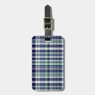 Mint, Navy Blue, White Preppy Madras Plaid Luggage Tag