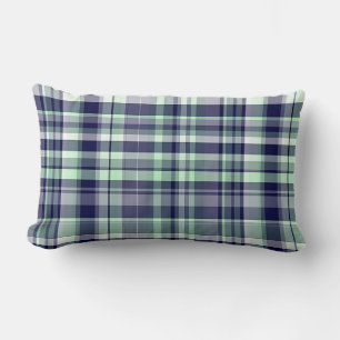 Mint, Navy Blue, White Preppy Madras Plaid Lumbar Cushion