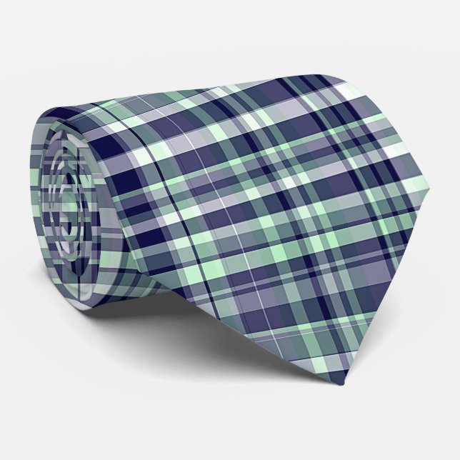 Mint, Navy Blue, White Preppy Madras Plaid Tie (Rolled)
