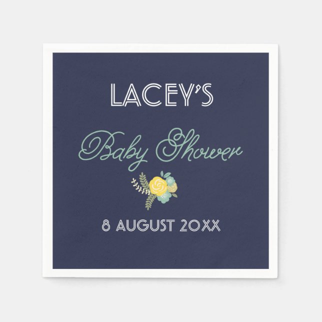 Mint & Navy Floral Bouquet Baby Shower Napkins (Front)