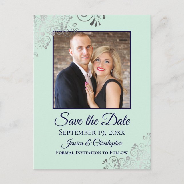 Mint & Navy Frilly Wedding Save the Date Photo Announcement Postcard (Front)