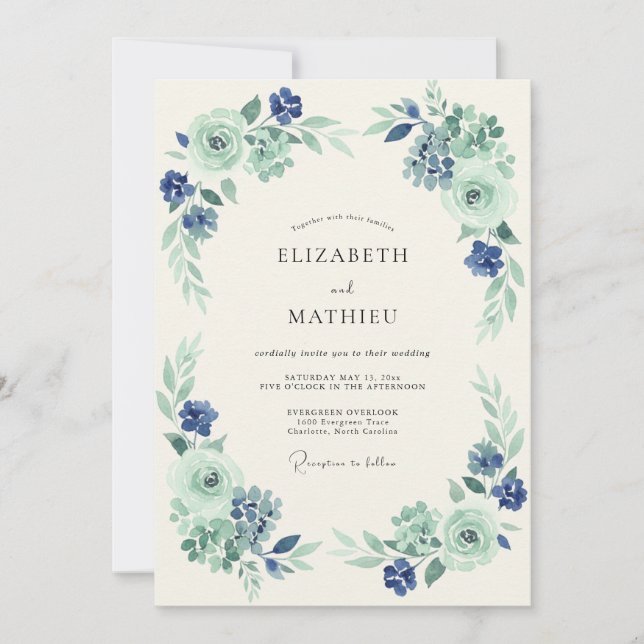 Mint Navy Graceful Botanical Wedding Invitation (Front)