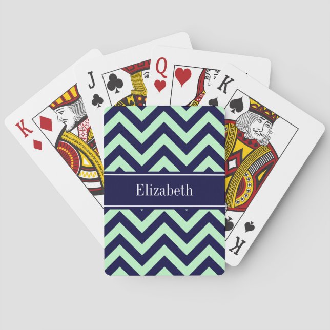 Mint Navy LG Chevron Navy Blue Name Monogram Playing Cards (Back)