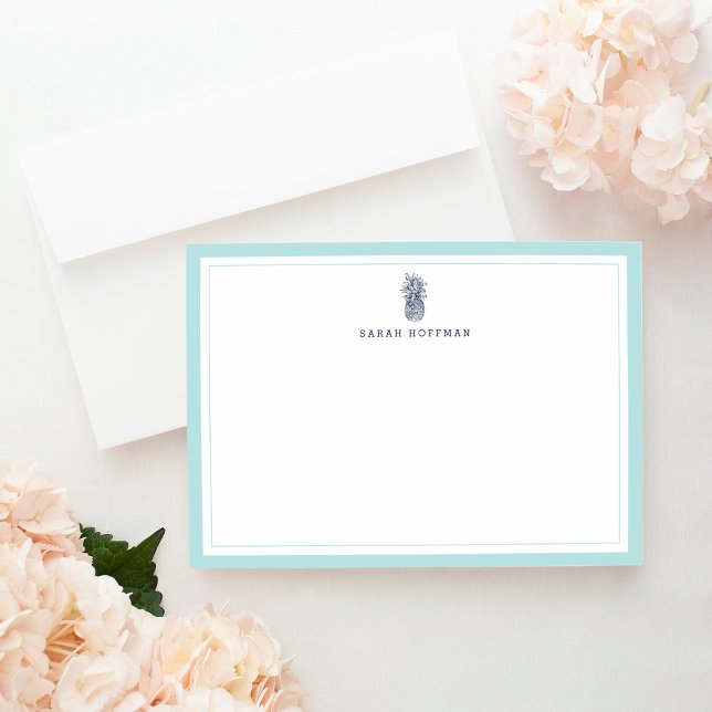 Mint & Navy Pineapple Personalised Stationery Flat Card (Creator Uploaded)