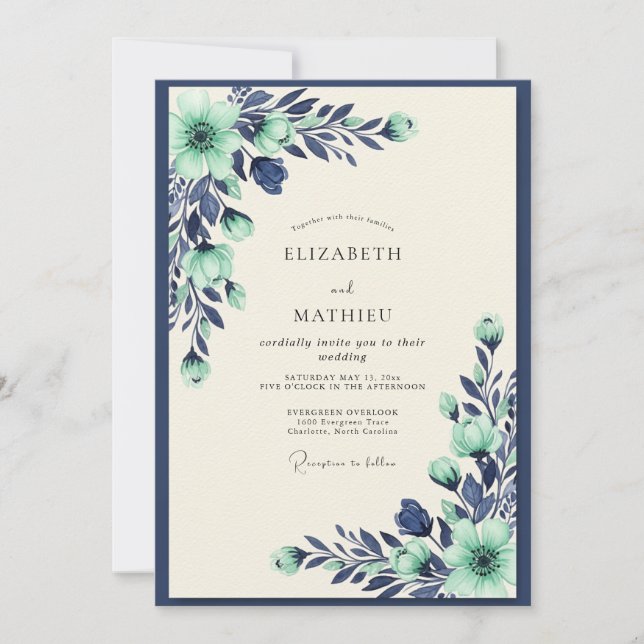 Mint Navy Tranquil Botanical Wedding Invitation (Front)