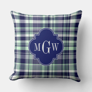 Mint Navy White Preppy Madras Quatrefoil Monogram Cushion