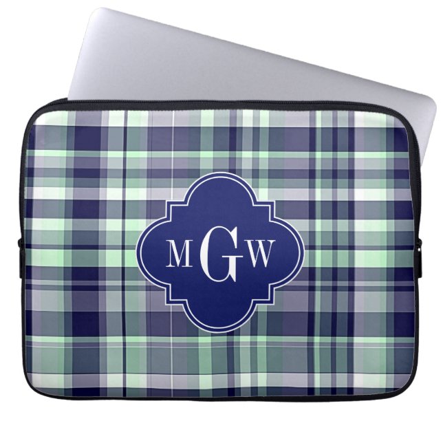 Mint Navy White Preppy Madras Quatrefoil Monogram Laptop Sleeve (Front)