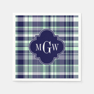 Mint Navy White Preppy Madras Quatrefoil Monogram Napkin