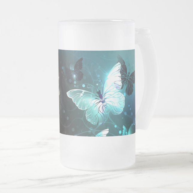 Mint Night Butterflies Frosted Glass Beer Mug (Front Right)