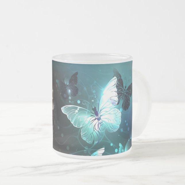 Mint Night Butterflies Frosted Glass Coffee Mug (Front Right)