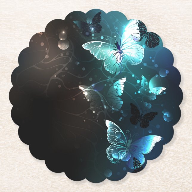 Mint Night Butterflies Paper Coaster (Front)
