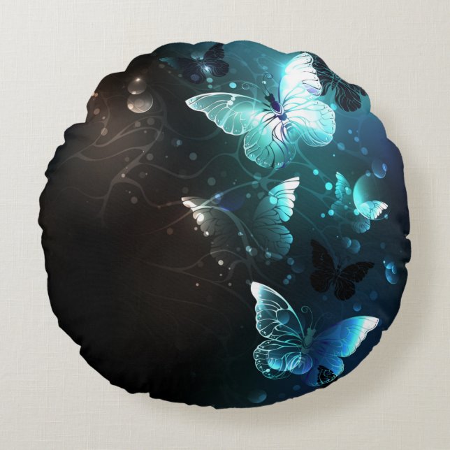 Mint Night Butterflies Round Cushion (Front)