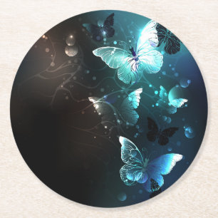 Mint Night Butterflies Round Paper Coaster