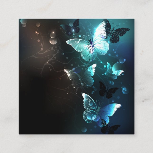 Mint Night Butterflies Square Business Card (Front)