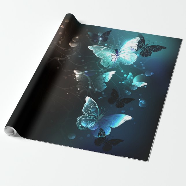 Mint Night Butterflies Wrapping Paper (Unrolled)