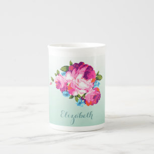 Mint Ombre Floral Personalised Bone China Mug