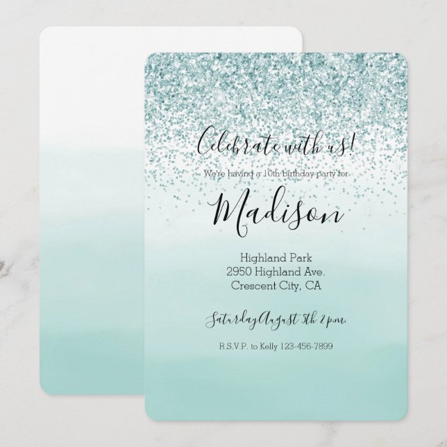 Mint Ombre Glitter Invitation (Front/Back)
