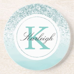 Mint Ombre Glitter Monogram Coaster