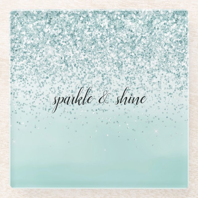 Mint Ombre Glitter personalised Glass Coaster (Front)