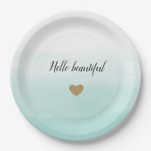 Mint Ombre Gold Glitter Heart personalised Paper Plate