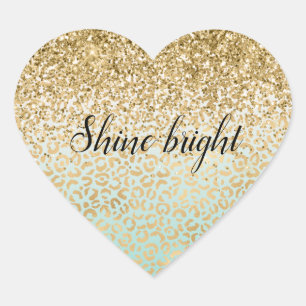Mint Ombre Gold Glitter Leopard Print Heart Sticker