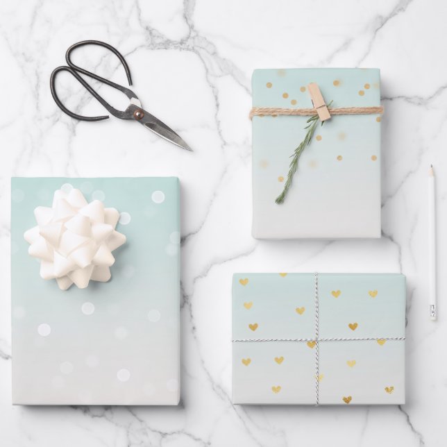 Mint Ombre White Bokeh Confetti Wrapping Paper Sheet (Front)