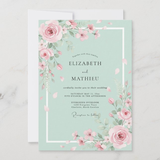 Mint Painted Petal Wedding Invitation (Front)