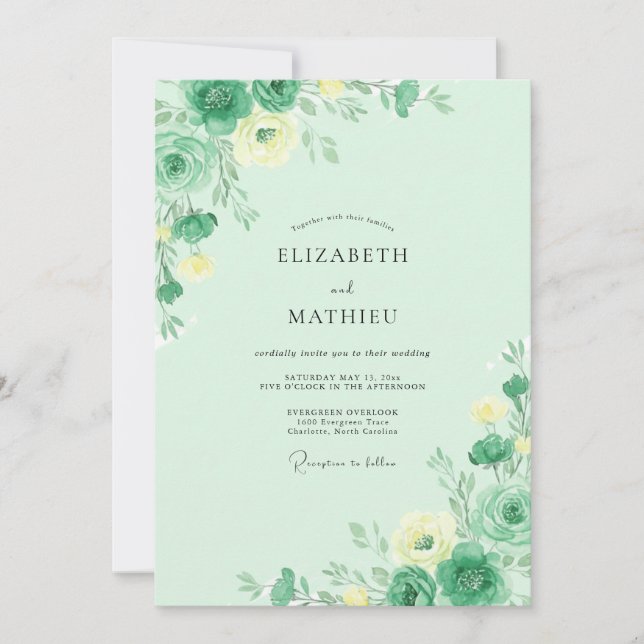 Mint Pale Yellow Peony Wedding Invitation (Front)