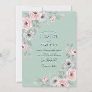 Mint Pastel Ranunculus Eucalyptus Wedding Invitation