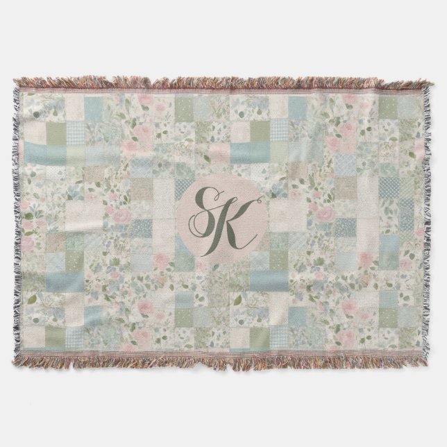 Mint Patchwork Monogram Throw Blanket (Front)