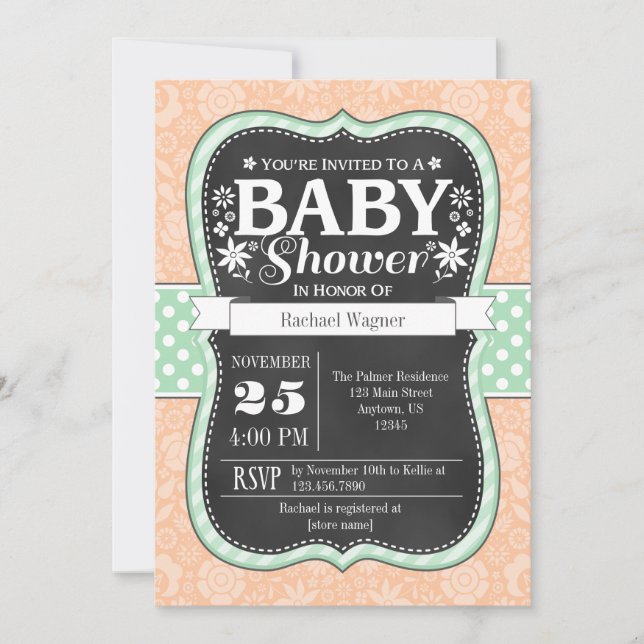 Mint Peach Chalkboard Floral Baby Shower Invite (Front)