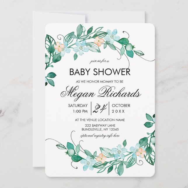 Mint Peach Floral Wreath Baby Shower Invitation (Front)