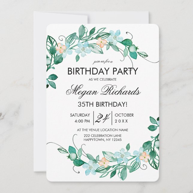 Mint Peach Floral Wreath Birthday Party Invitation (Front)