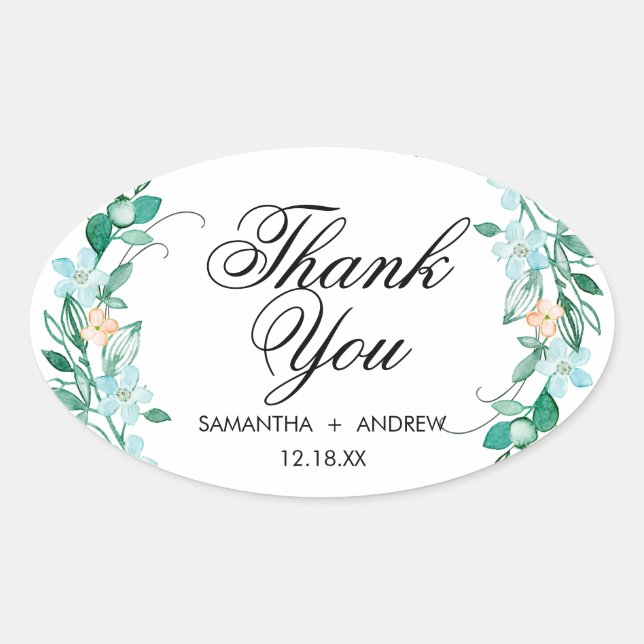 Mint & Peach Floral Wreath Wedding Thank You Oval Sticker (Front)