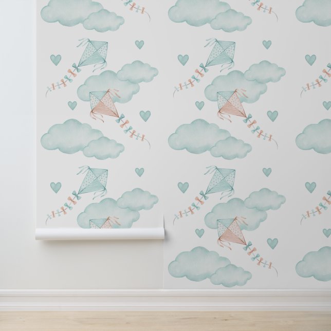 Mint Peach Kites Clouds Hearts Baby Girl Nursery Wallpaper (Application)