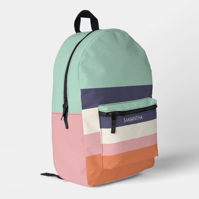 Mint Peach Modern Colour Blocks Stripes Personalis Printed Backpack (Back Corner Left)