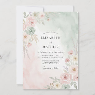 Mint Peach Painted Wedding Invitation