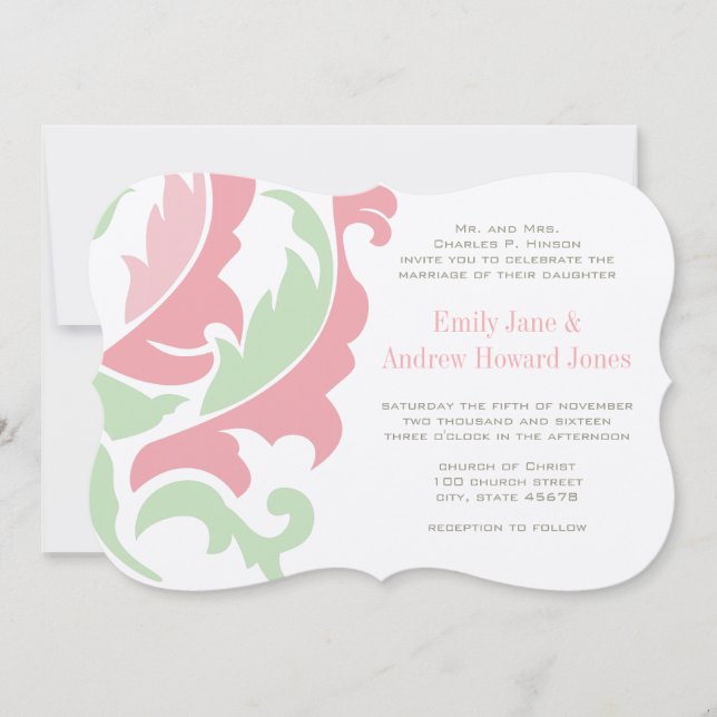 Mint Peach Pink and Grey Damask Wedding Invitation (Front)